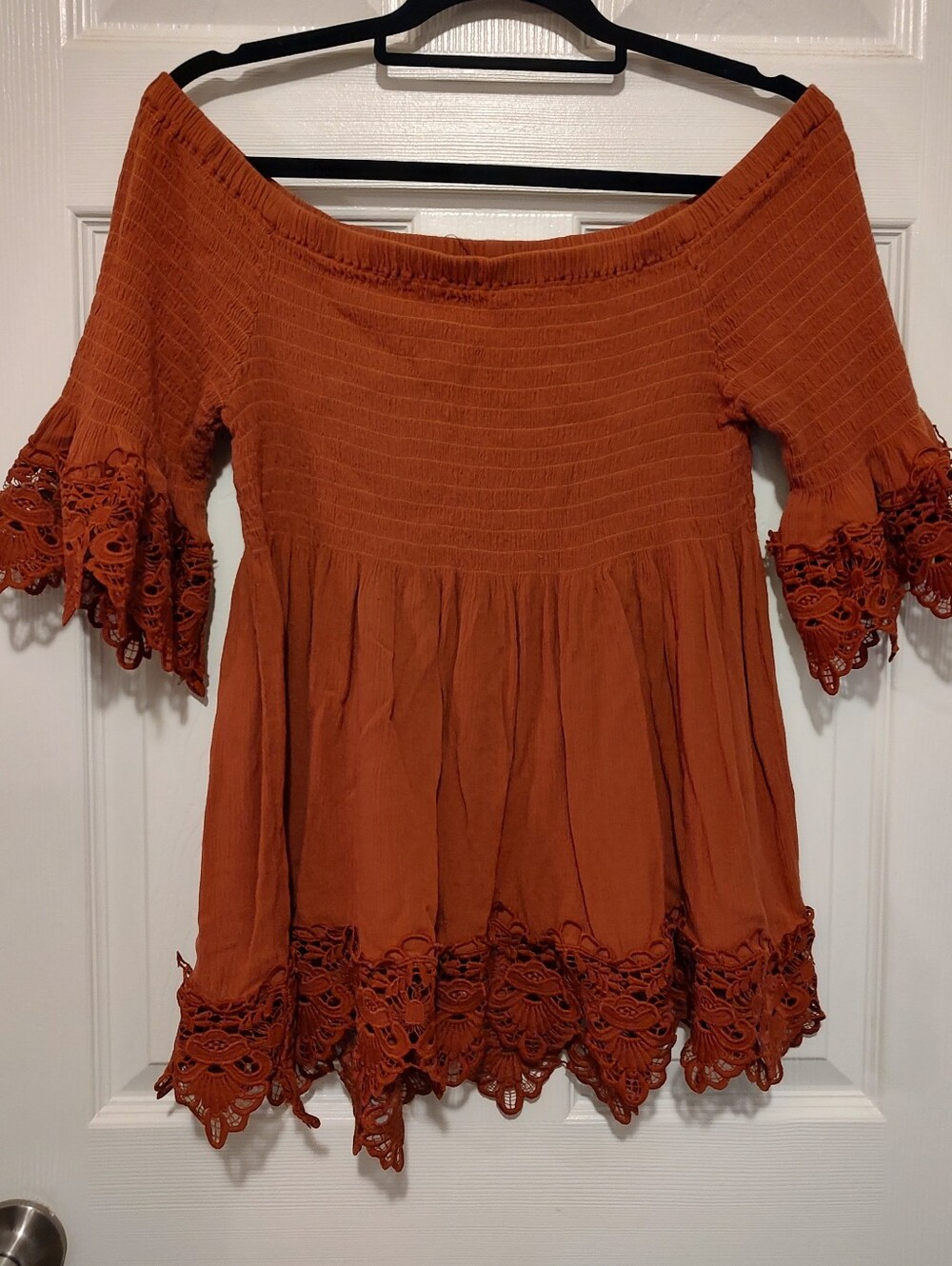 Rust Off-Shoulder Lace-Hem Women's Tunic Top